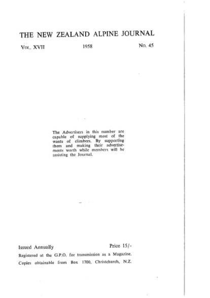 New Zealand Alpine Journal 1958 Vol 17 No 45 cover